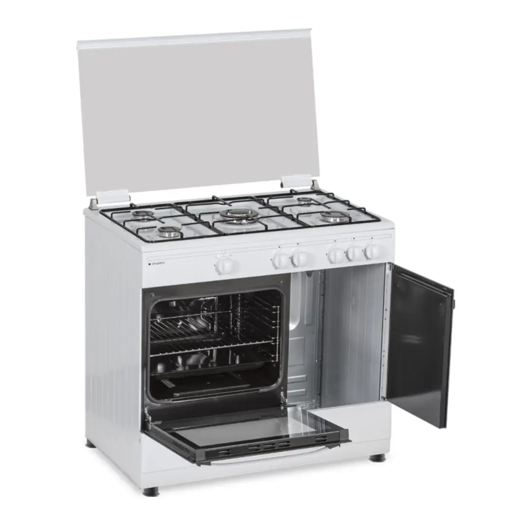 cocina de gas Aspes AKGW-5901PBX abierta mostrando el horno de 55 litros y las 5 zonas de cocción en funcionamiento