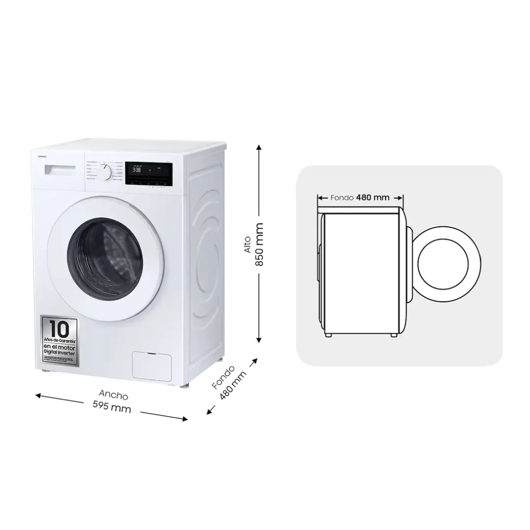 medidas lavadora Samsung WW-80FG3M05TWEC para instalación en cocina o lavadero con espacio estándar