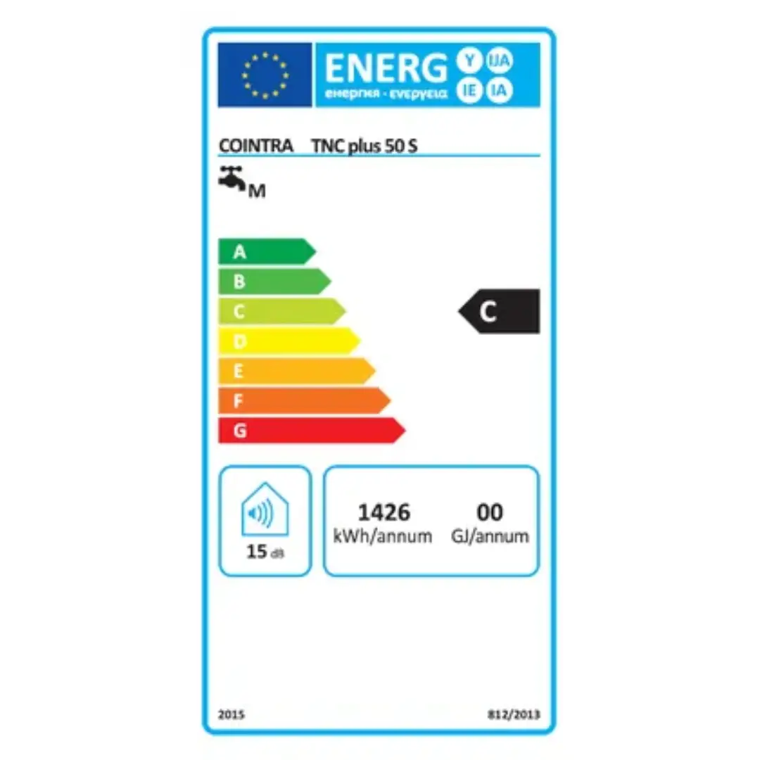 Etiqueta energética del termo eléctrico Cointra TNC Plus-50S con datos de consumo y eficiencia