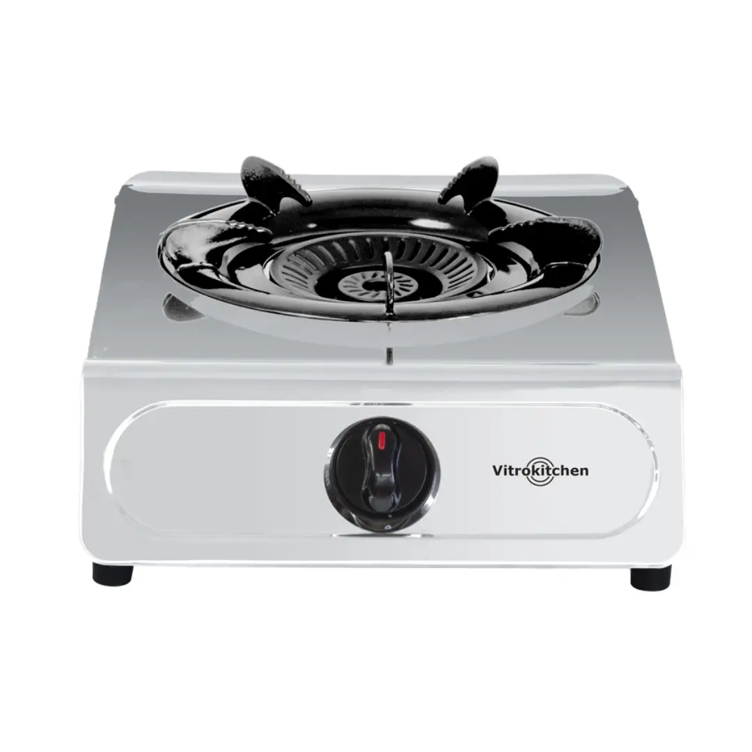 Hornillo a gas Vitrokitchen 160IB en acero inoxidable con quemador de alta potencia vista frontal