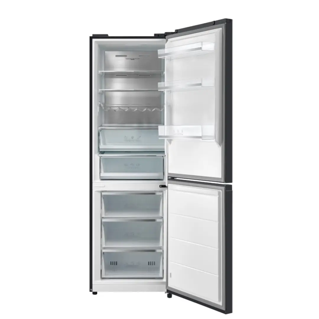 Frigorífico combi Johnson JRC-201EN2GN abierto mostrando interior y distribución de alimentos