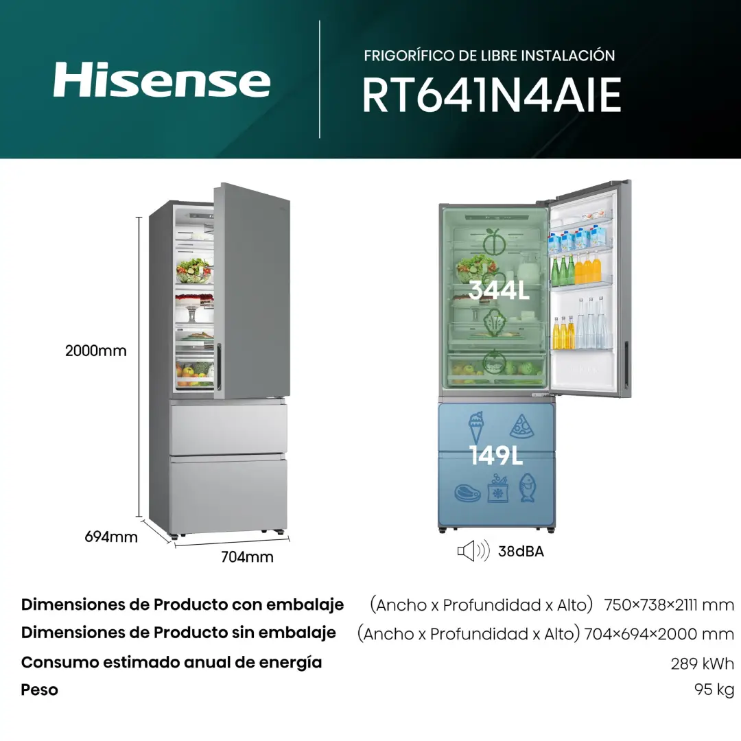 medidas y características frigorífico Hisense RT641N4AIE de 200 cm con sistema No Frost y diseño de 3 puertas