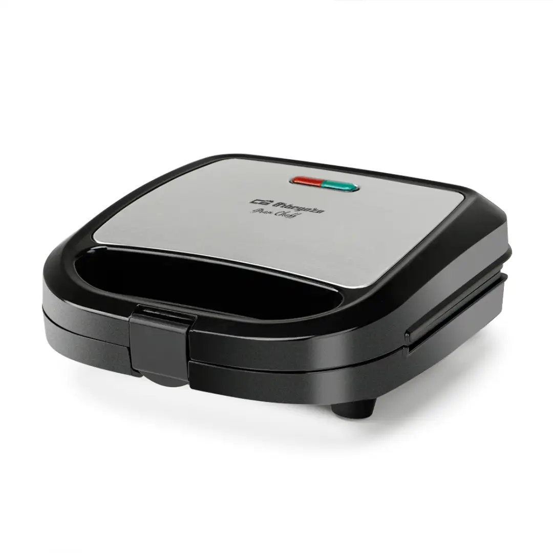 Sandwichera Orbegozo SW-6010 de 750W en color negro e inox vista frontal compacta