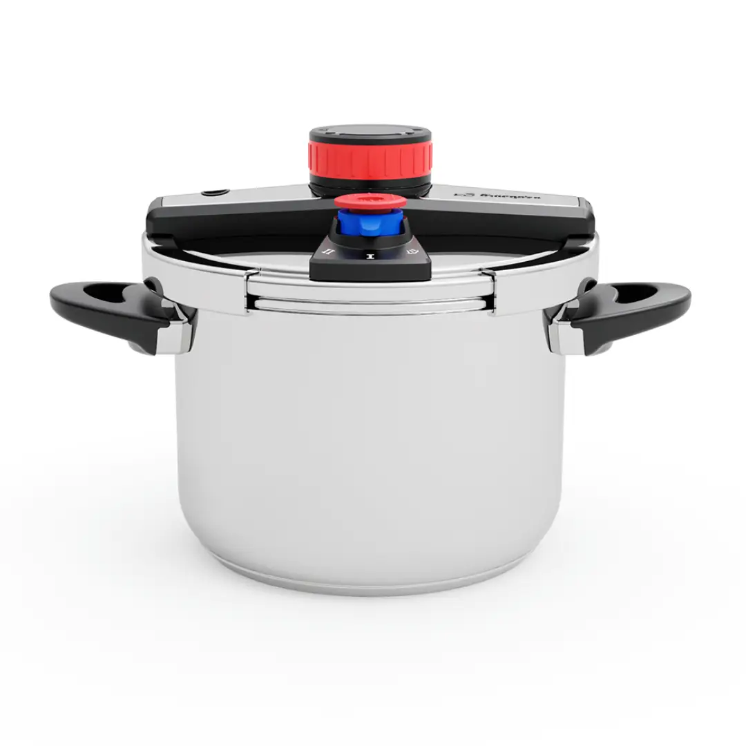 Olla a presión Orbegozo HP-6200 de 6 litros en acero inoxidable vista frontal con tapa cerrada