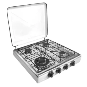 Hornillo a gas Vitrokitchen 452BB de 4 fuegos en encimera de acero inoxidable vista frontal