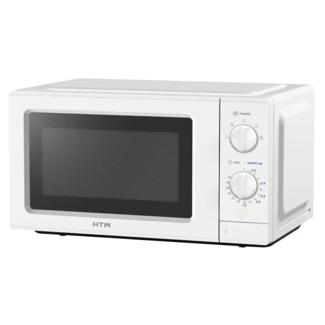 Microondas HTW HTW-MIC700LW de 20 litros en color blanco vista frontal con mandos giratorios