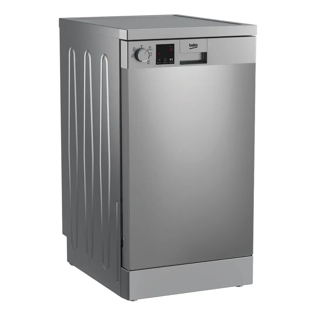 Lavavajillas Beko DVS-05024X vista lateral mostrando su diseño estrecho y compacto