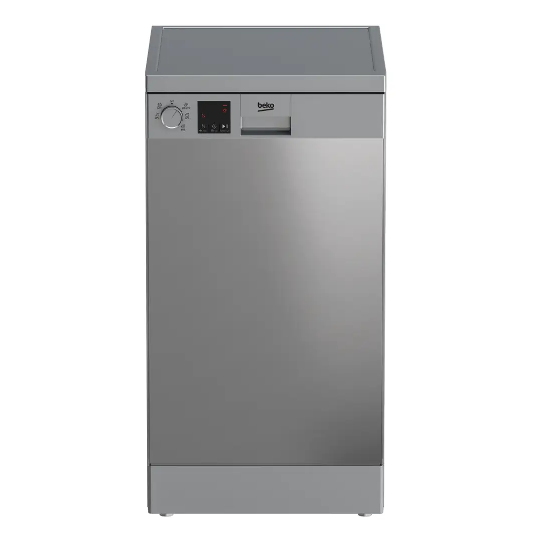 Lavavajillas Beko DVS-05024X en acero inoxidable antihuellas vista frontal estrecha 45 cm