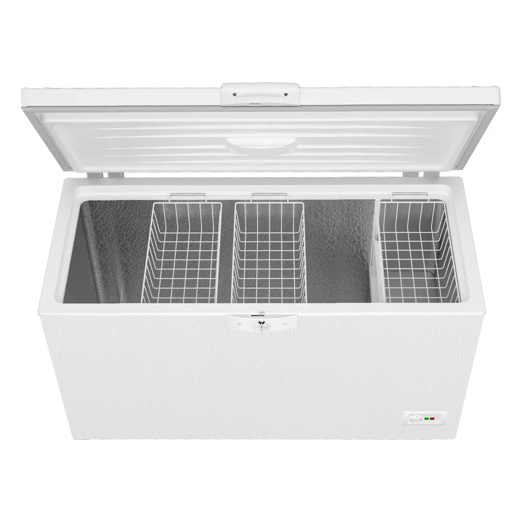 Vista superior del congelador Beko HSM-46740 con 3 cestas extraíbles para organización de alimentos