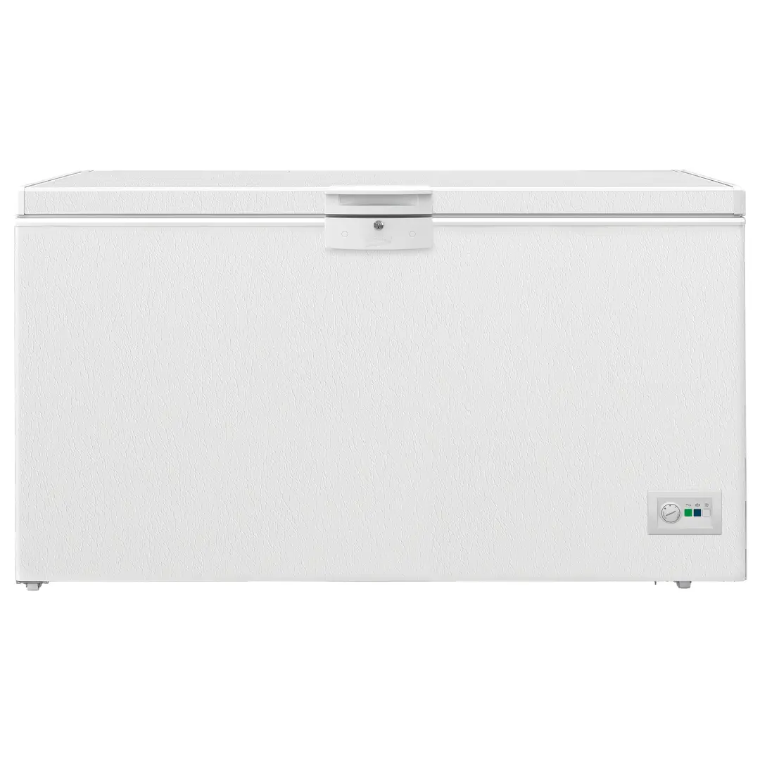Congelador horizontal Beko HSM-46740 de 451 litros en color blanco estampado vista frontal