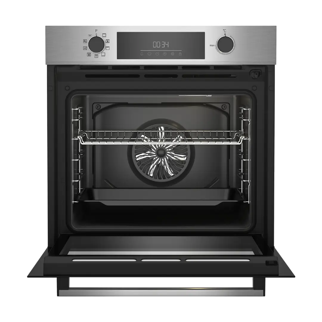 Horno multifunción Beko BBIE-12300XMP abierto mostrando su interior de gran capacidad