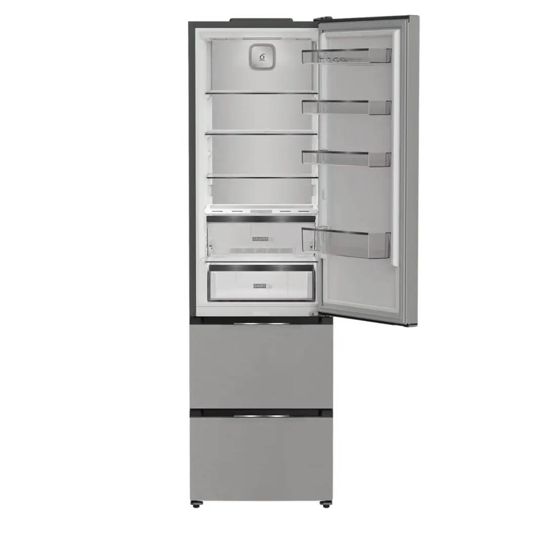 Frigorífico combi Whirlpool WHKF-6352 X5E abierto mostrando interior y distribución