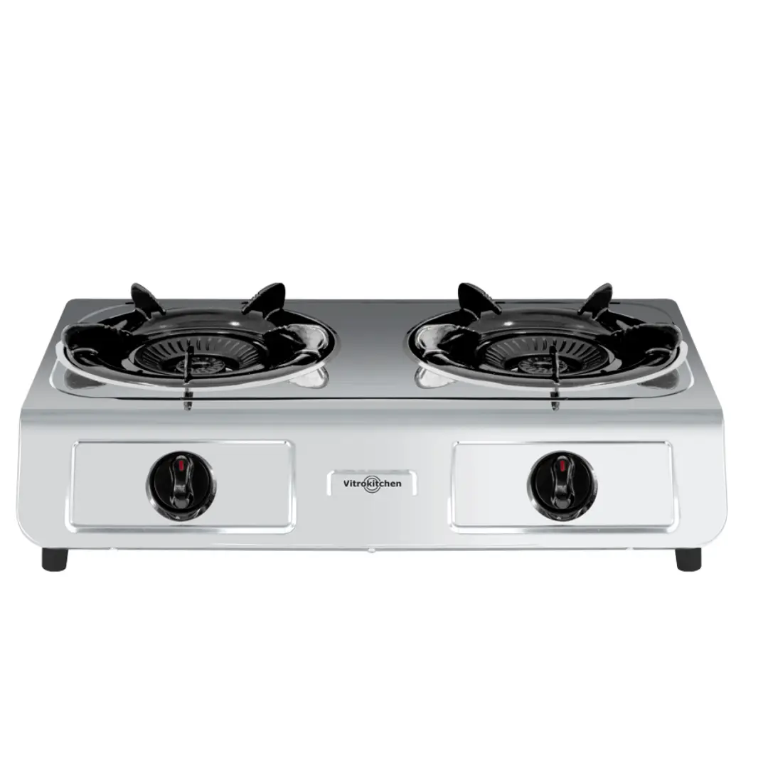 Hornillo a gas Vitrokitchen 275IB en acero inoxidable con dos quemadores vista frontal