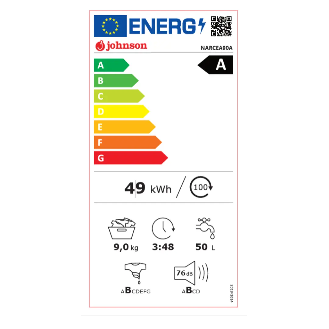 Etiqueta energética de la lavadora Johnson Narcea-90A con datos de eficiencia y consumo energético