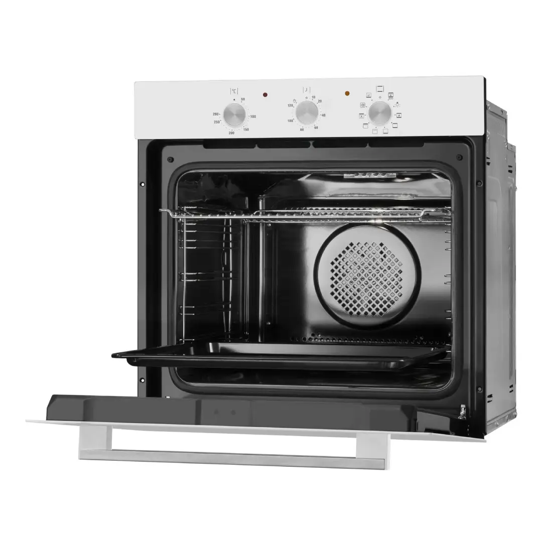 Horno Fagor 9H-115BB abierto de lateral mostrando todo su interior y bandejas
