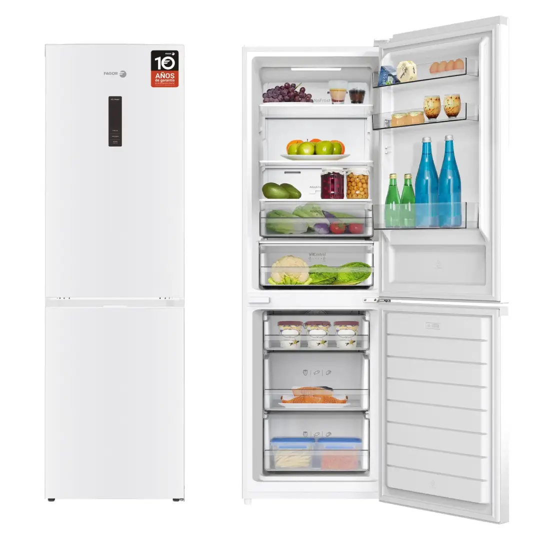 Frigorífico combi Fagor 3FFK-6677 abierto con alimentos mostrando su capacidad
