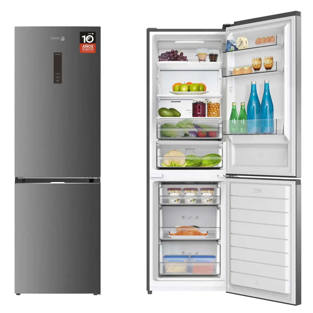Frigorífico combi Fagor 3FFK-6677X abierto con alimentos mostrando su capacidad