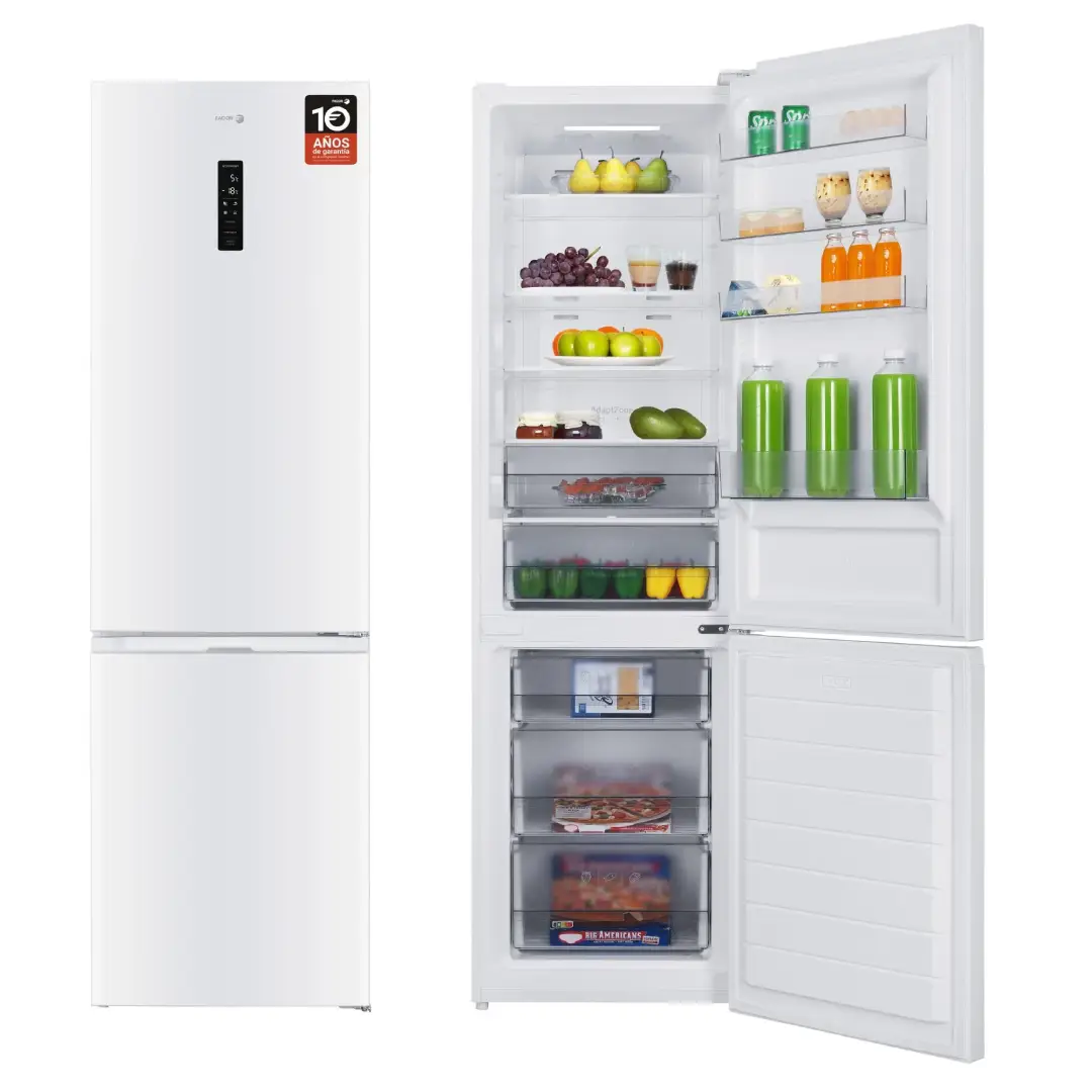 Frigorífico combi Fagor 3FFK-6877 abierto con alimentos mostrando su capacidad