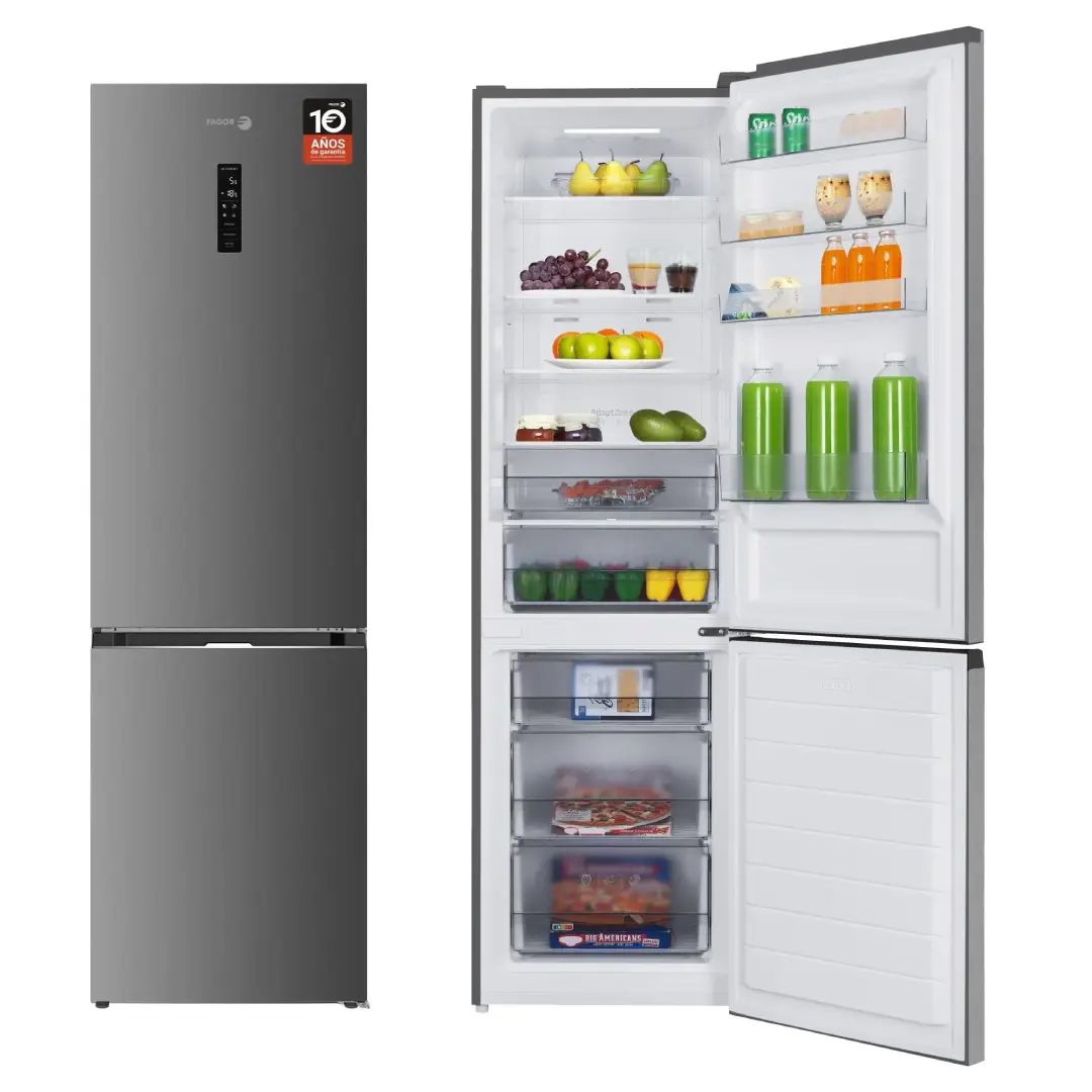 Frigorífico combi Fagor 3FFK-6877X abierto con alimentos mostrando su capacidad