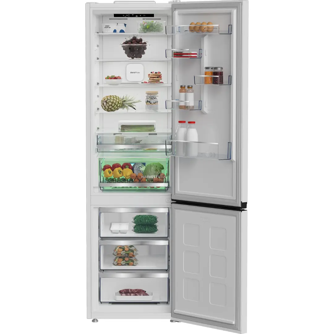 Frigorífico combi Beko B5RCNE-416HW abierto con alimentos mostrando su capacidad interior