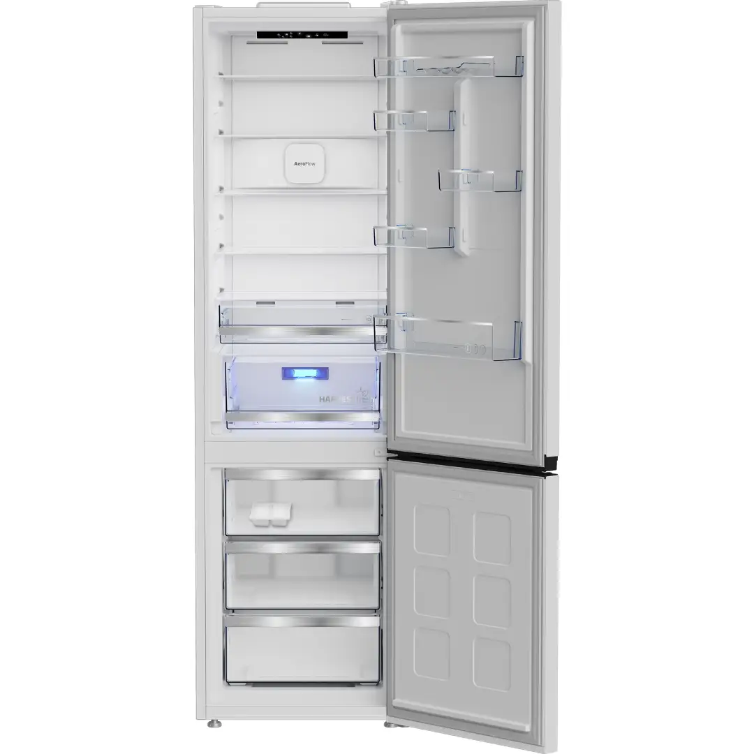 Frigorífico combi Beko B5RCNE-416HW abierto sin carga mostrando distribución interior