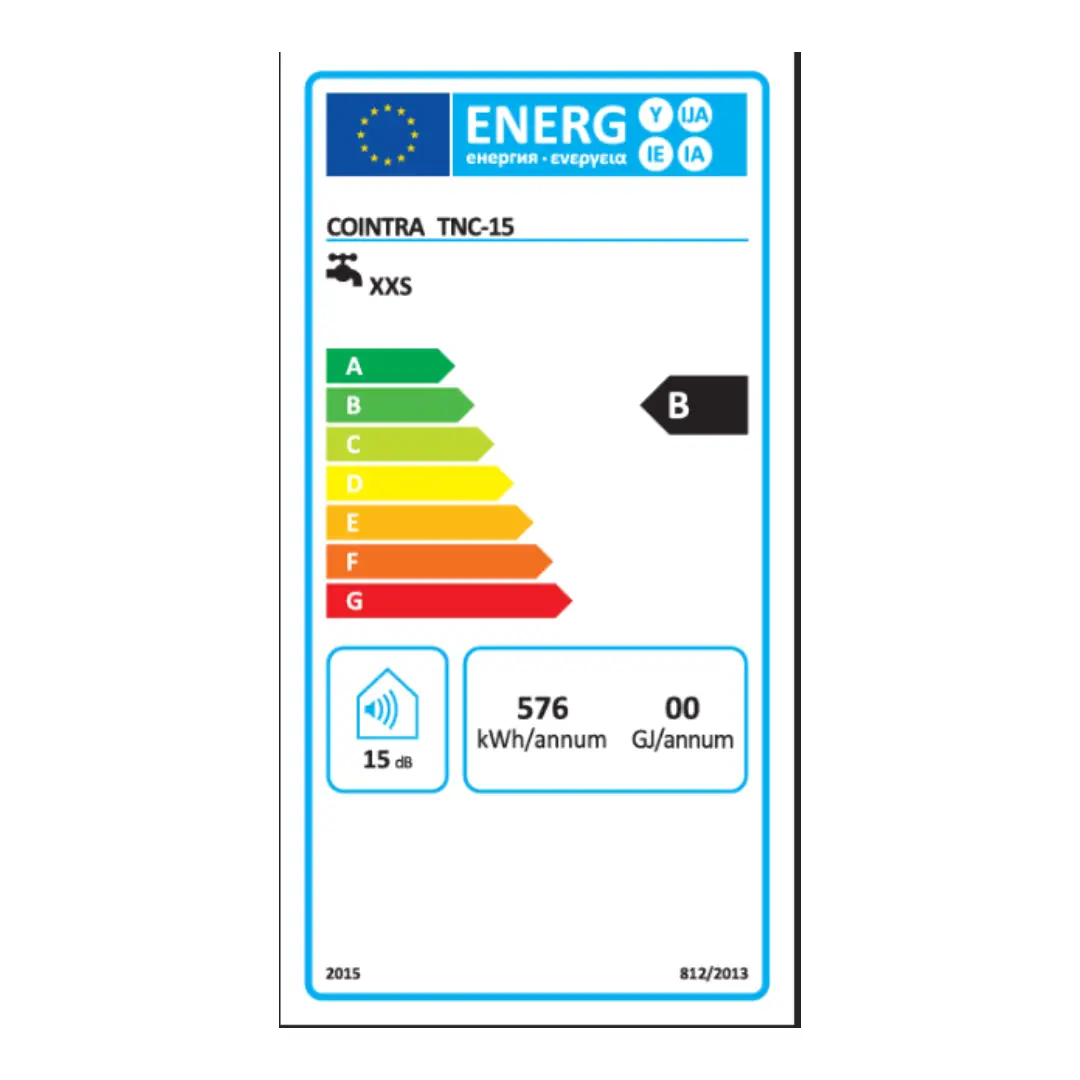 Etiqueta energética del termo eléctrico Cointra TNC-15 Plus con información de consumo y eficiencia energética
