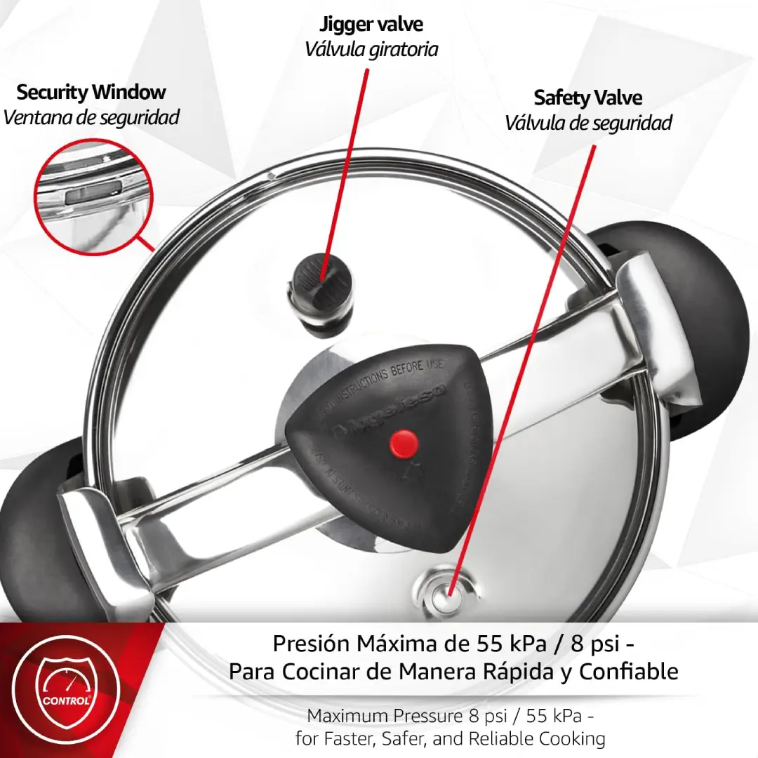 Características principales de la olla Magefesa Star-12: capacidad 12 litros, presión 55kPa, compatible con todo tipo de cocinas incluida inducción y fabricación en acero inoxidable