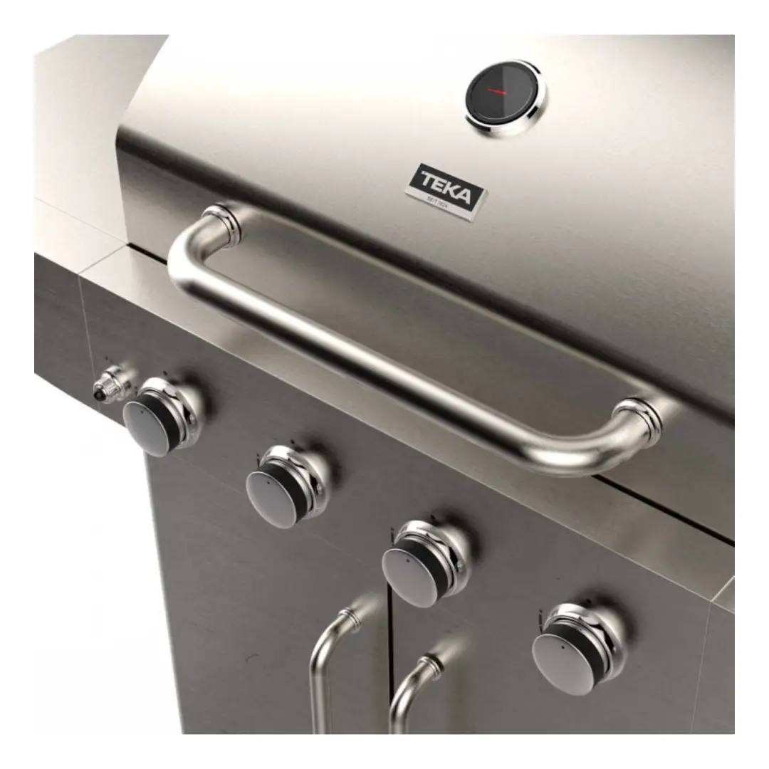 Detalle de los quemadores de la barbacoa Teka BBQ-4100 G mostrando parrilla y sistema de control de gas