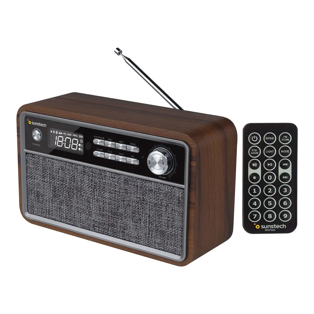 Radio portátil Sunstech RPBT-500 estilo retro con acabado en madera y conectividad Bluetooth vista frontal con diseño clásico elegante