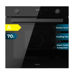 Horno multifunción Cecotec Bolero Hexa M226001 de 70 litros en cristal negro, Clase A, vista frontal principal con diseño elegante.