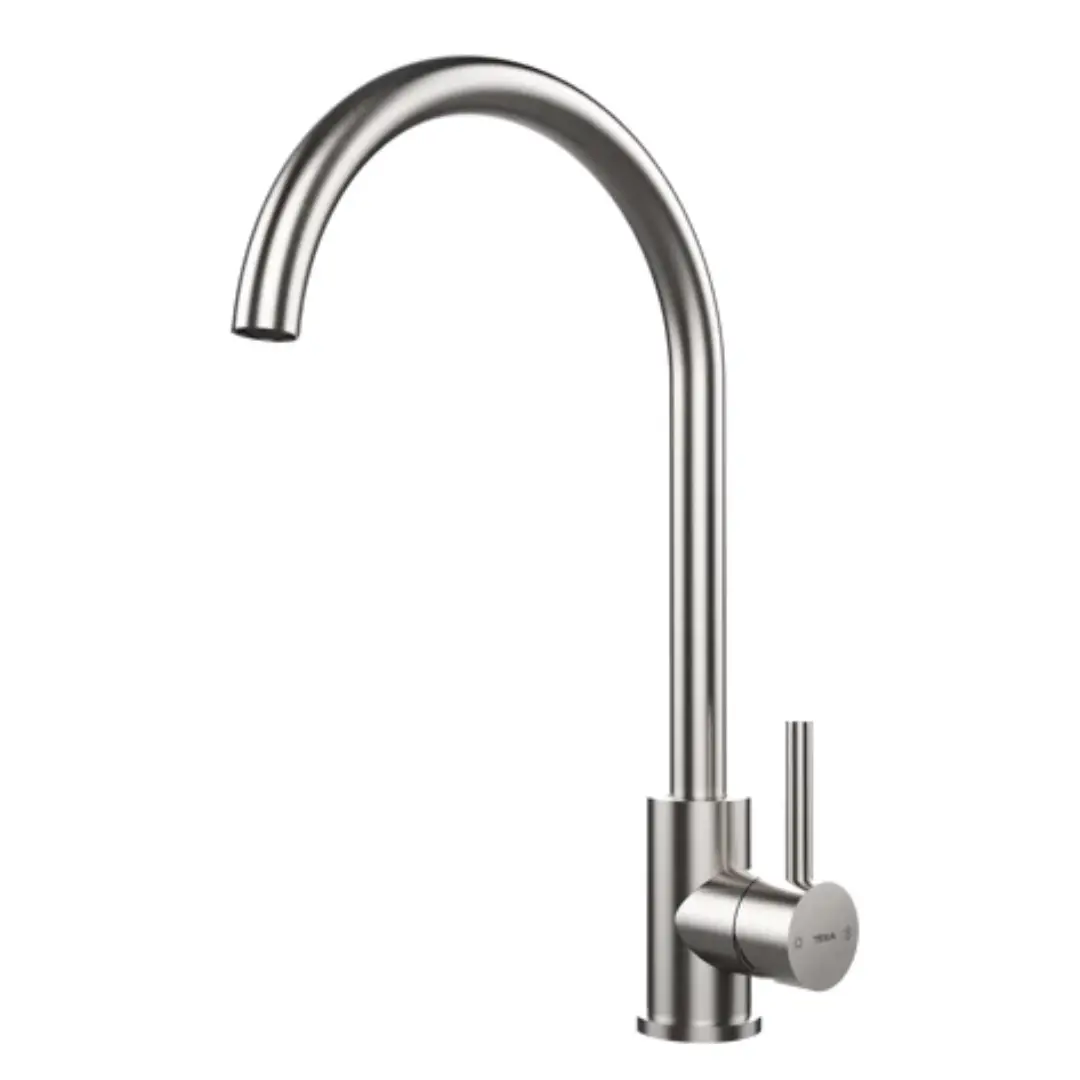 Grifo de cocina Teka UNI-9310XP en acero inoxidable con caño alto giratorio y diseño monomando vista frontal
