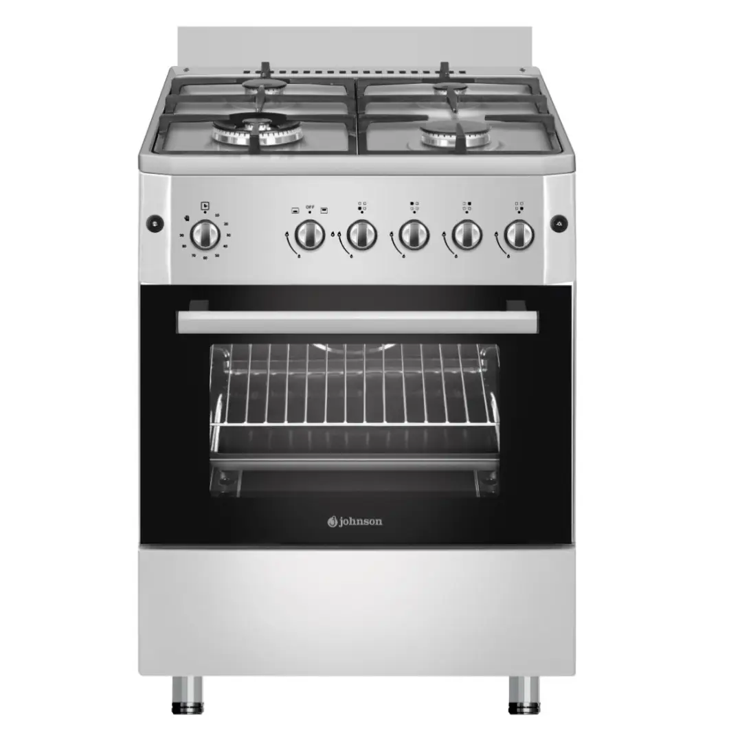 Cocina de gas Johnson COCI-60BX1 en acero inoxidable con horno integrado 63L y 4 fuegos vista frontal