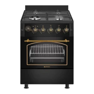 Cocina de gas Johnson COCI-60BRN1 en color negro estilo rústico con horno integrado y 4 fuegos vista frontal