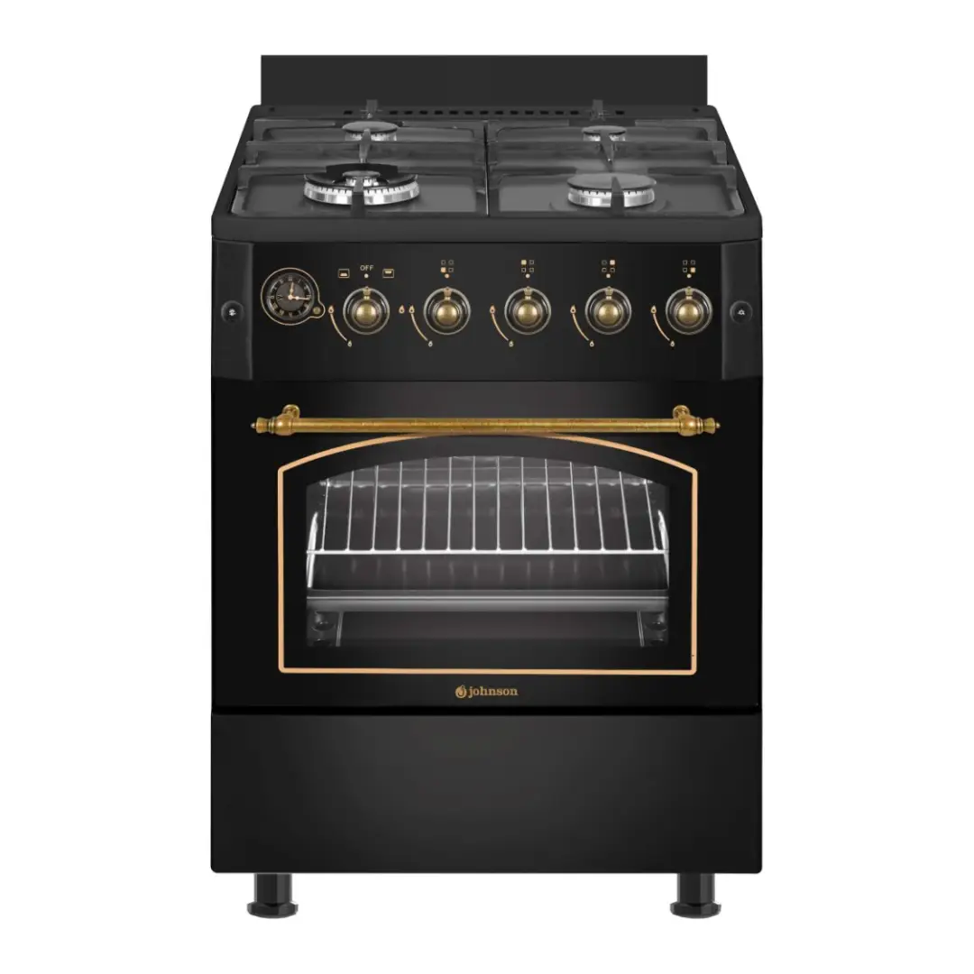 Cocina de gas Johnson COCI-60BRN1 en color negro estilo rústico con horno integrado y 4 fuegos vista frontal