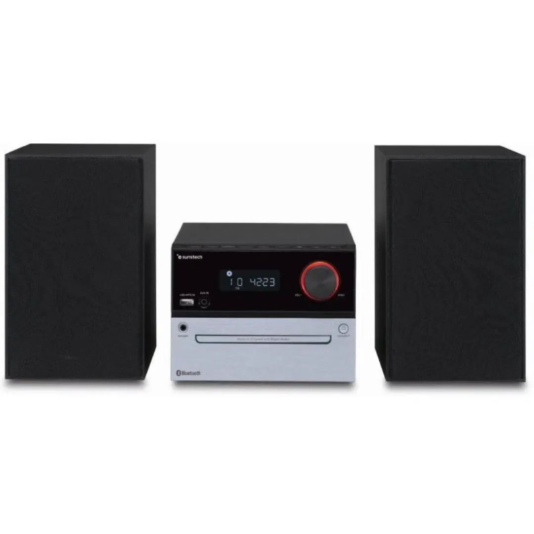 Microcadena Sunstech MIC-200BTBK de 30W con Bluetooth, lector de CD y puerto USB vista frontal con diseño compacto y elegante