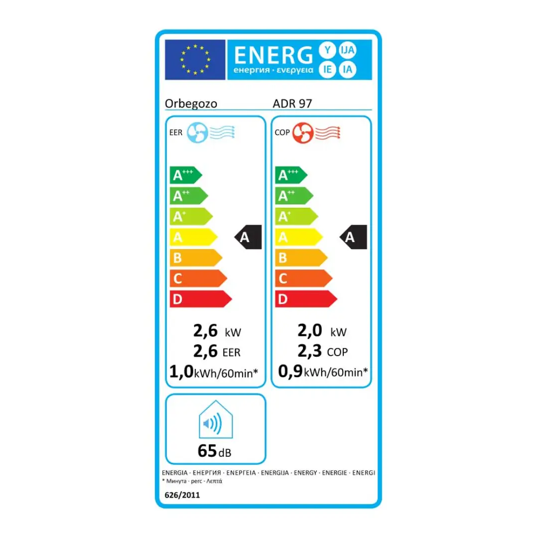Etiqueta de eficiencia energética del aire acondicionado portátil Orbegozo ADR-97 con datos de consumo.