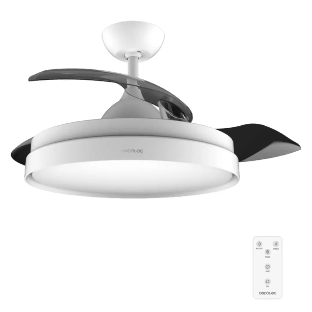 Ventilador de techo retráctil Cecotec White 4280 en color blanco de 106 cm con motor de 40W, luz LED integrada y aspas retráctiles, vista frontal principal.