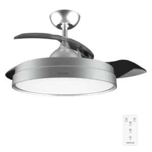 Ventilador de techo retráctil Cecotec Steel 4280 de 106 cm con motor de 40W, luz LED integrada y aspas retráctiles en acabado acero, vista frontal principal.