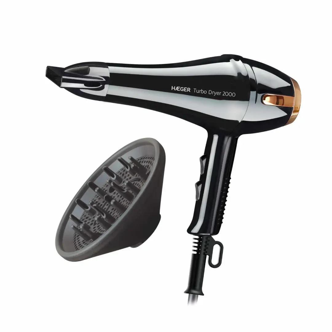 Secador de pelo HAEGER HD-200.015A Turbo Dryer de 2000W con difusor y boquilla concentradora vista frontal