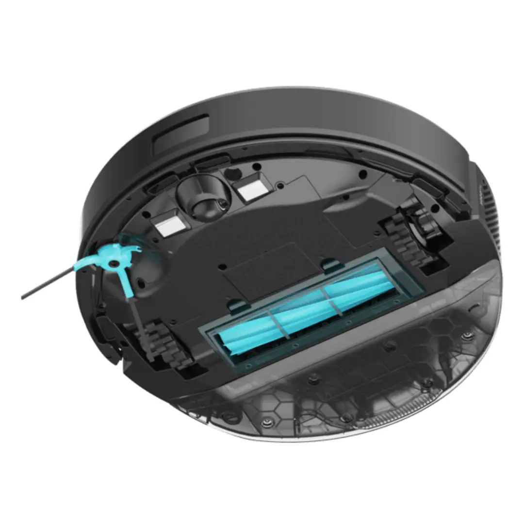 Parte inferior del robot aspirador Cecotec A01_EU01_114518 con cepillos laterales y sistema de limpieza
