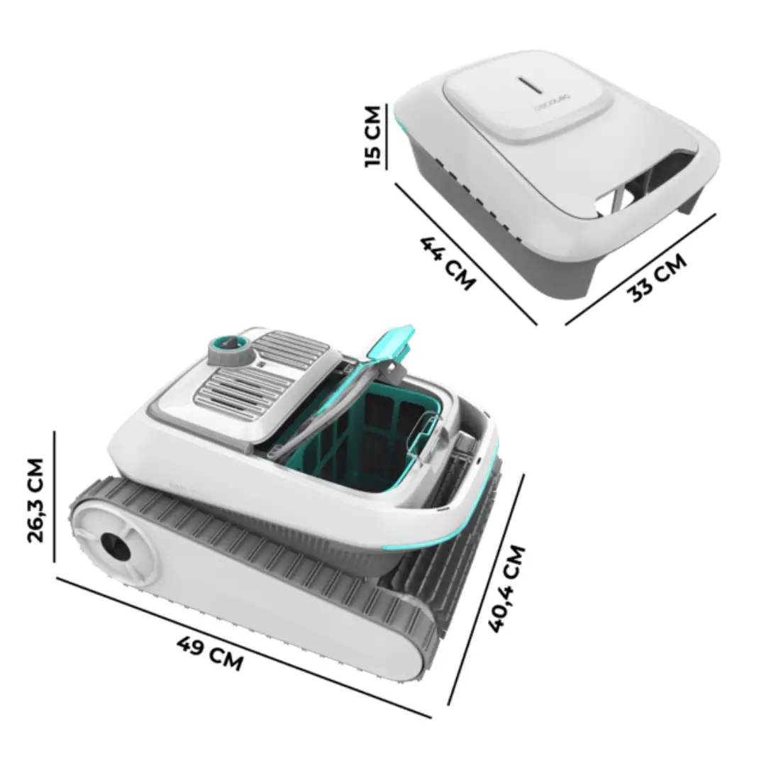 Dimensiones del robot limpiafondos Cecotec Conga Pooldroid 10000, optimizado para trabajar en piscinas de hasta 300 m², con diseño compacto para fácil manipulación y almacenamiento.