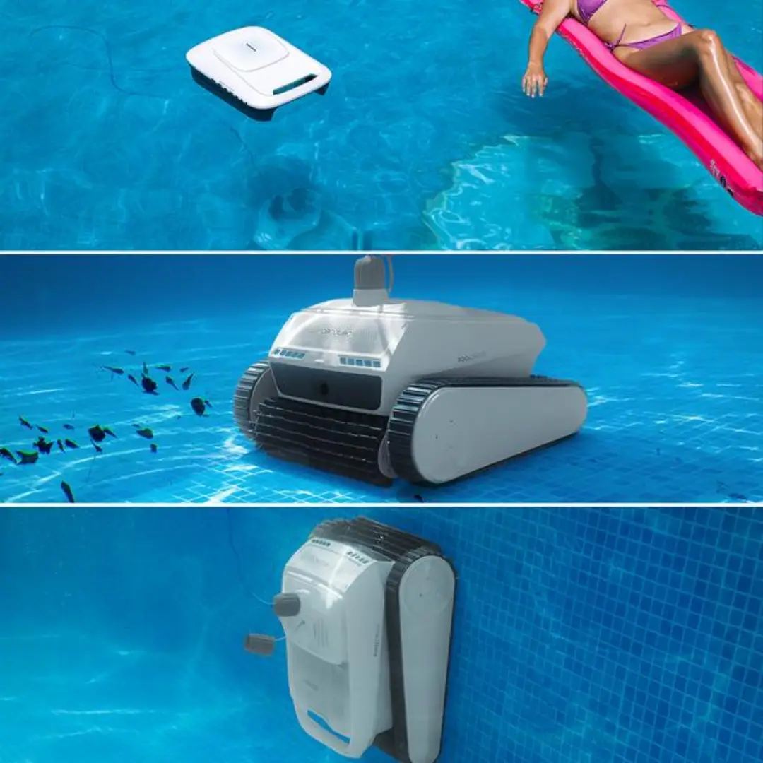 Imagen del robot limpiafondos Cecotec en funcionamiento dentro de la piscina, mostrando su capacidad de limpieza automática del fondo y paredes mientras avanza de forma autónoma.