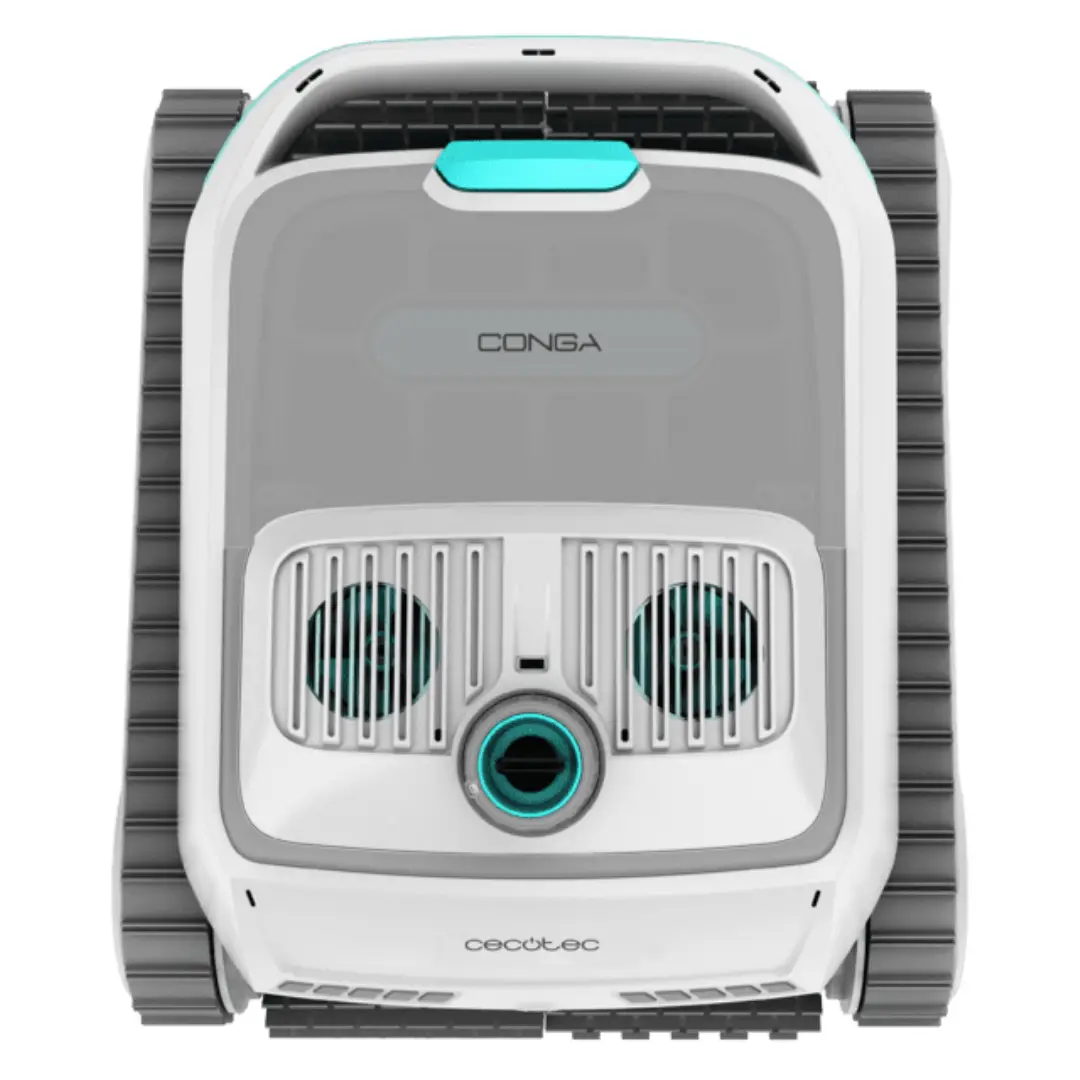 Vista superior del robot limpiafondos Cecotec Conga Pooldroid 10000, donde se aprecia su diseño circular, sistema de navegación y distribución de cepillos para cobertura completa de la piscina.