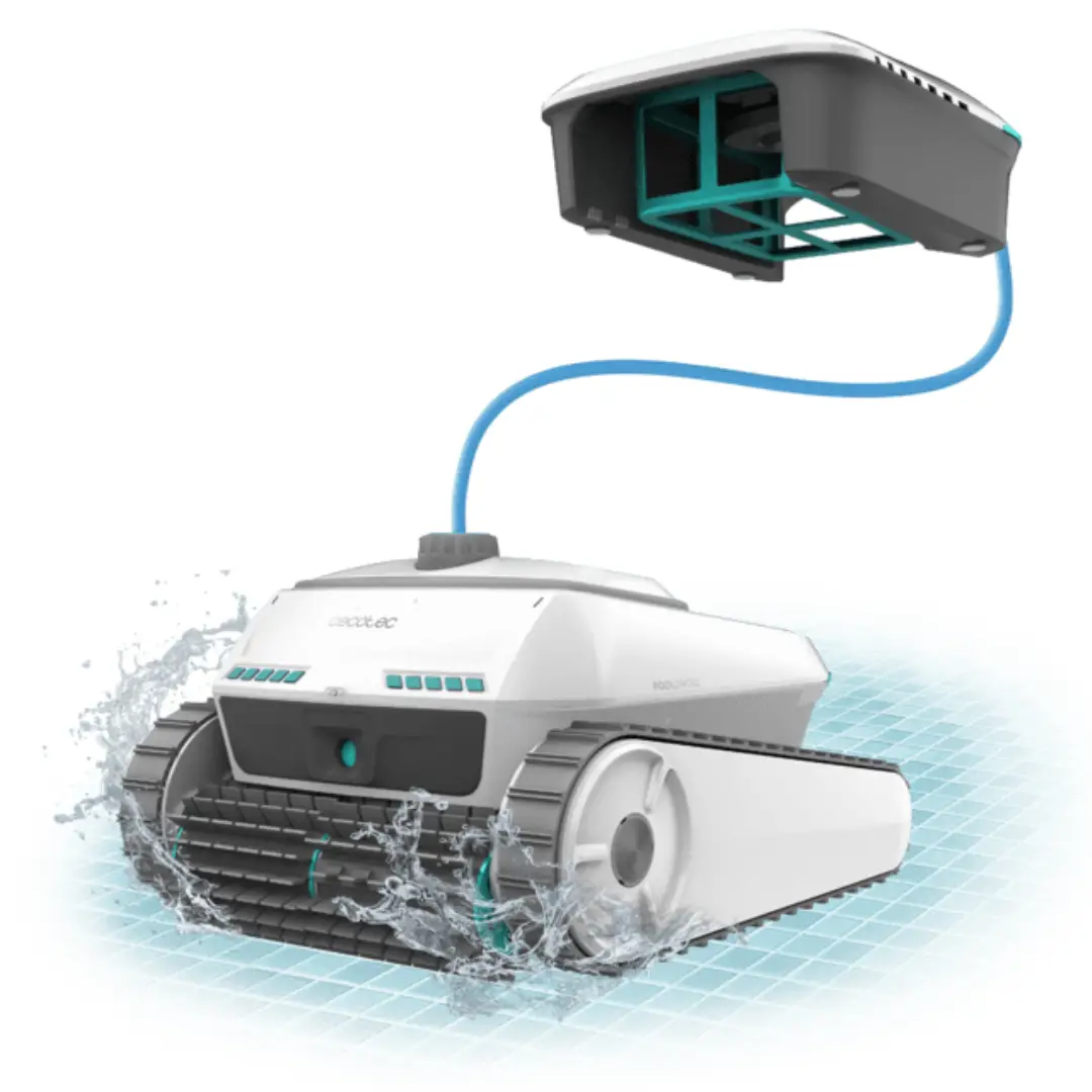 Robot limpiafondos Cecotec Conga Pooldroid 10000 TotalClean diseñado para piscinas de gran tamaño con autonomía de hasta 150 minutos y función de recogida de suciedad en superficie mediante boya flotante.