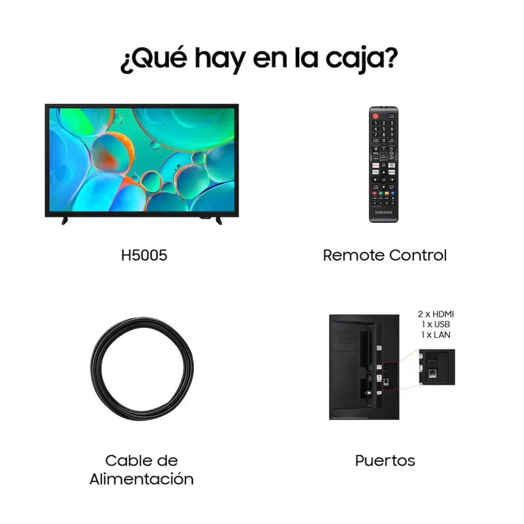 Contenido de la caja del televisor Samsung TU-32H5005FKXXC con mando, base y accesorios