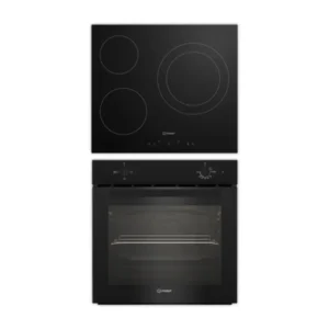 Conjunto horno empotrable Indesit ISB-22HV3D con horno de convección de 74 litros y placa vitrocerámica de 3 zonas, vista frontal principal del pack completo.