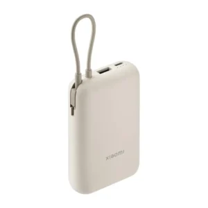 Batería externa Xiaomi de 10000 mAh en color beige con cable USB-C integrado y carga rápida de 22,5W vista frontal compacta y portátil