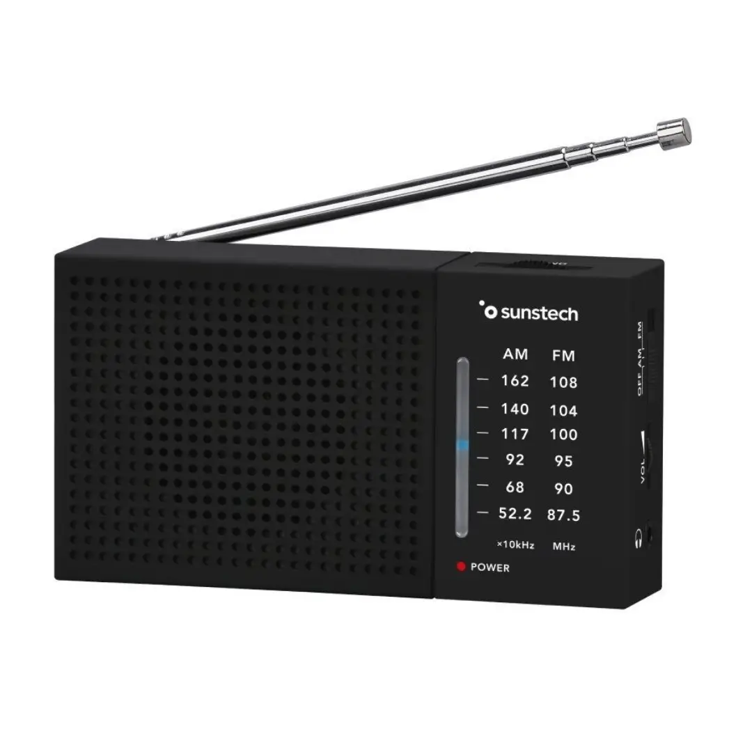 Radio portátil Sunstech RPS-412BK en color negro con sintonizador AM/FM y diseño compacto de fácil transporte vista frontal