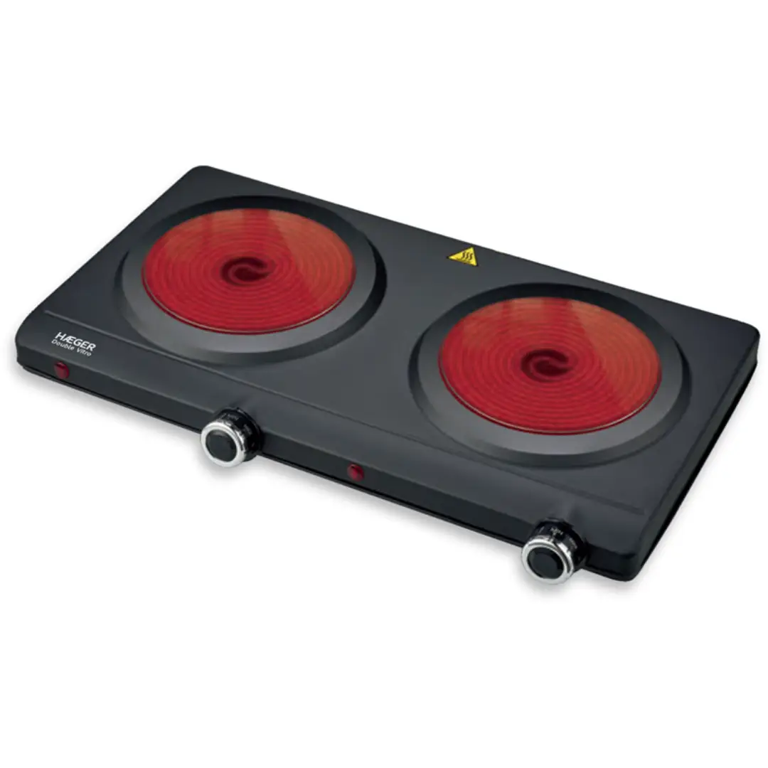 Cocina vitrocerámica portátil HAEGER HP-02V.016A en color negro con potencia de 2500W vista frontal compacta de sobremesa