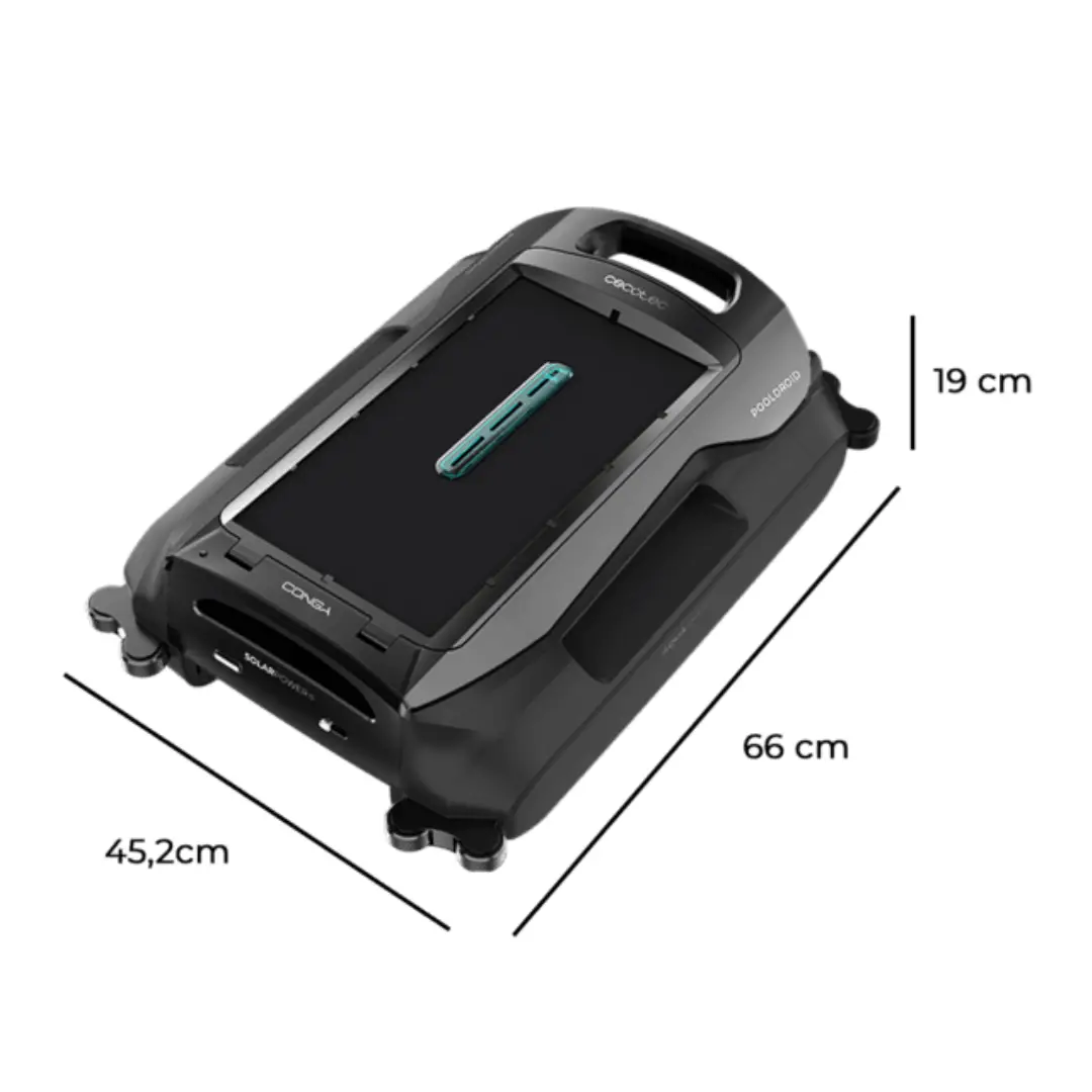 Medidas del robot limpiapiscinas Cecotec Conga Pooldroid AquaSkater con diseño compacto flotante para uso en superficie de piscina